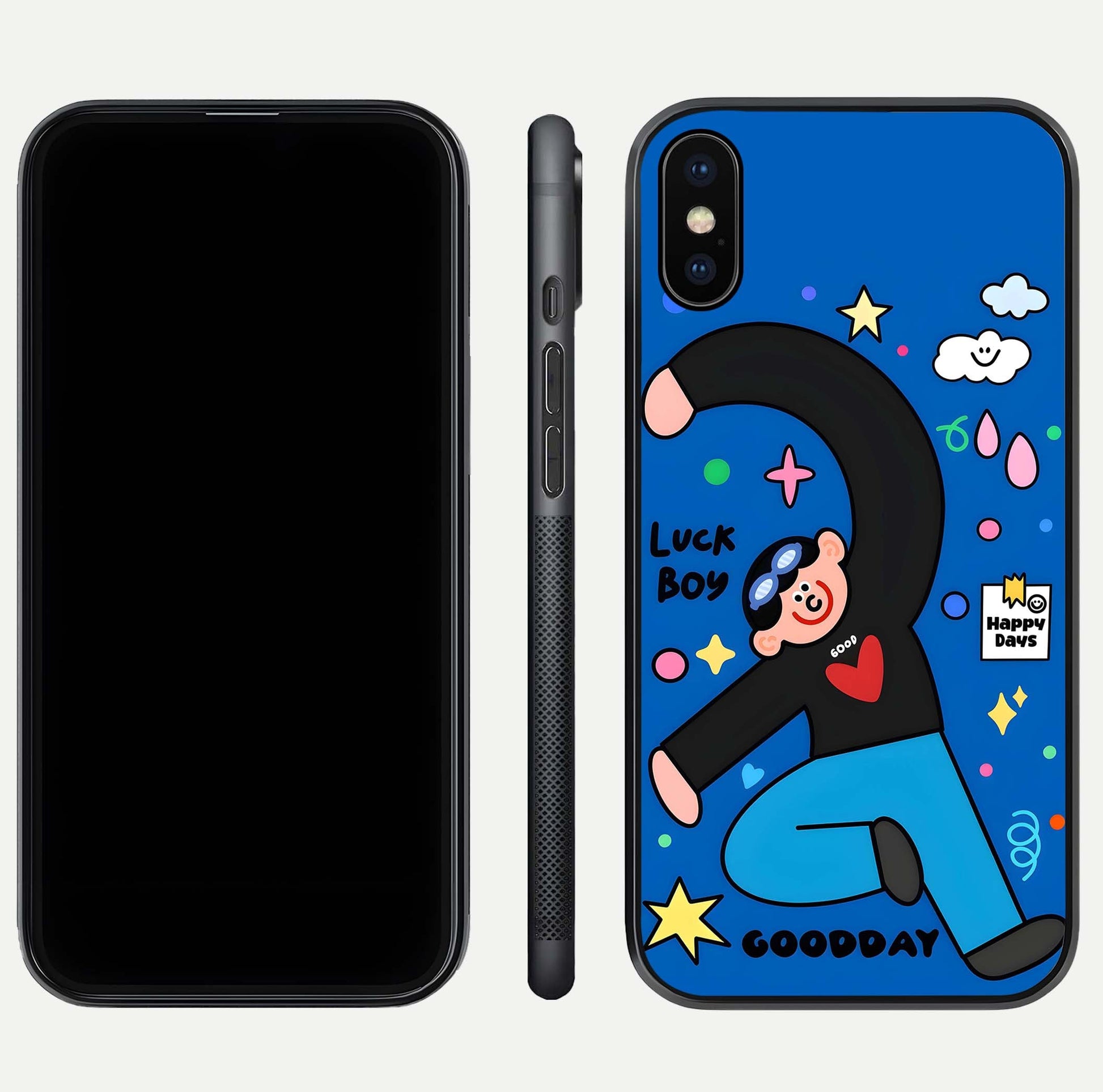 Happy Luck Vibe Glass Case for iPhone Xs Max front and back view layout highlighting positive motif and curved edges