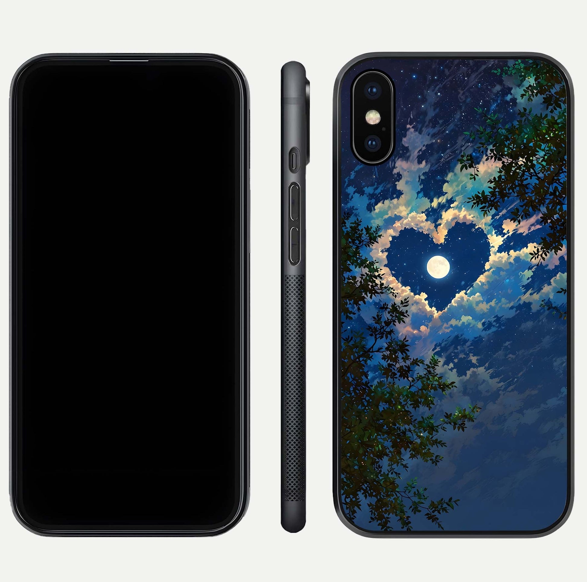 Heart with Moon Sky Glass Case for iPhone Xs Max front and back view layout displaying celestial tones and curved glass