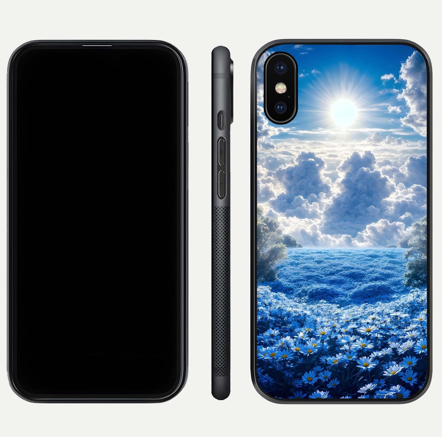 Heavenly Daisy Horizon Glass Case for iPhone Xs Max front and back view layout highlighting floral field tones and curved edges