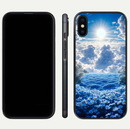 Heavenly Daisy Horizon Glass Case for iPhone Xs Max front and back view layout highlighting floral field tones and curved edges