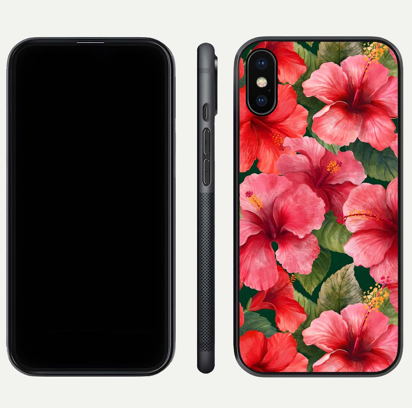 Hibiscus Pattern Glass Case for iPhone Xs Max front and back view layout highlighting tropical design and curved glass edges
