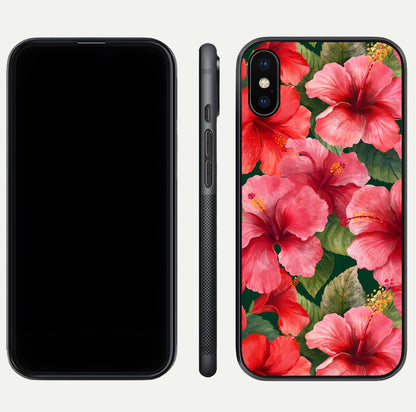 Hibiscus Pattern Glass Case for iPhone Xs Max front and back view layout highlighting tropical design and curved glass edges