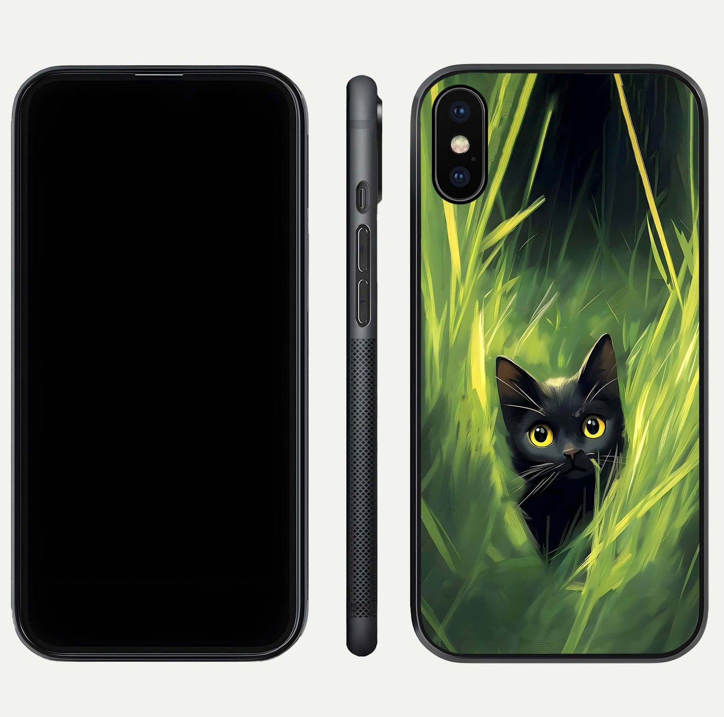 Hidden Cat Whisper Glass Case for iPhone Xs Max front and back view layout highlighting minimalist art and curved edges