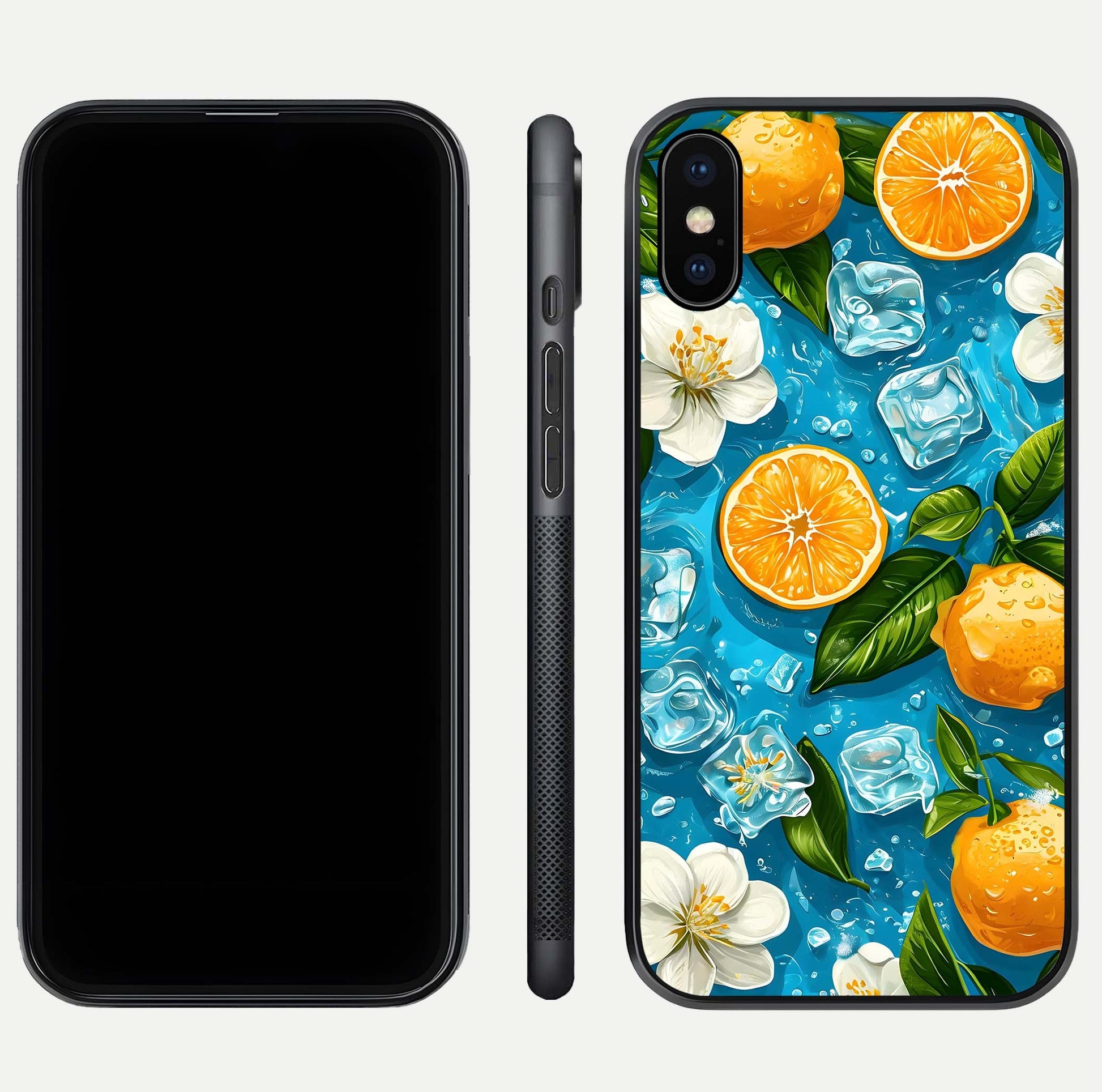 Ice Cube With Orange Glass Case for iPhone Xs Max front and back view layout highlighting fresh orange tones and curved edges