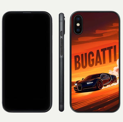 Inferno Bugatti Storm Glass Case for iPhone Xs Max front and back view layout highlighting car silhouette and curved glass edge
