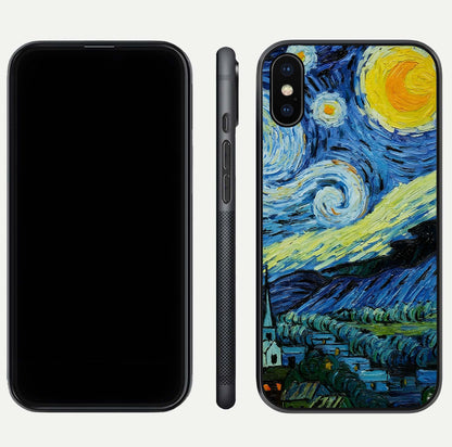 Inspired Van Gogh Art Glass Case for iPhone Xs Max front and back view layout displaying vivid color tones and curved glass edges