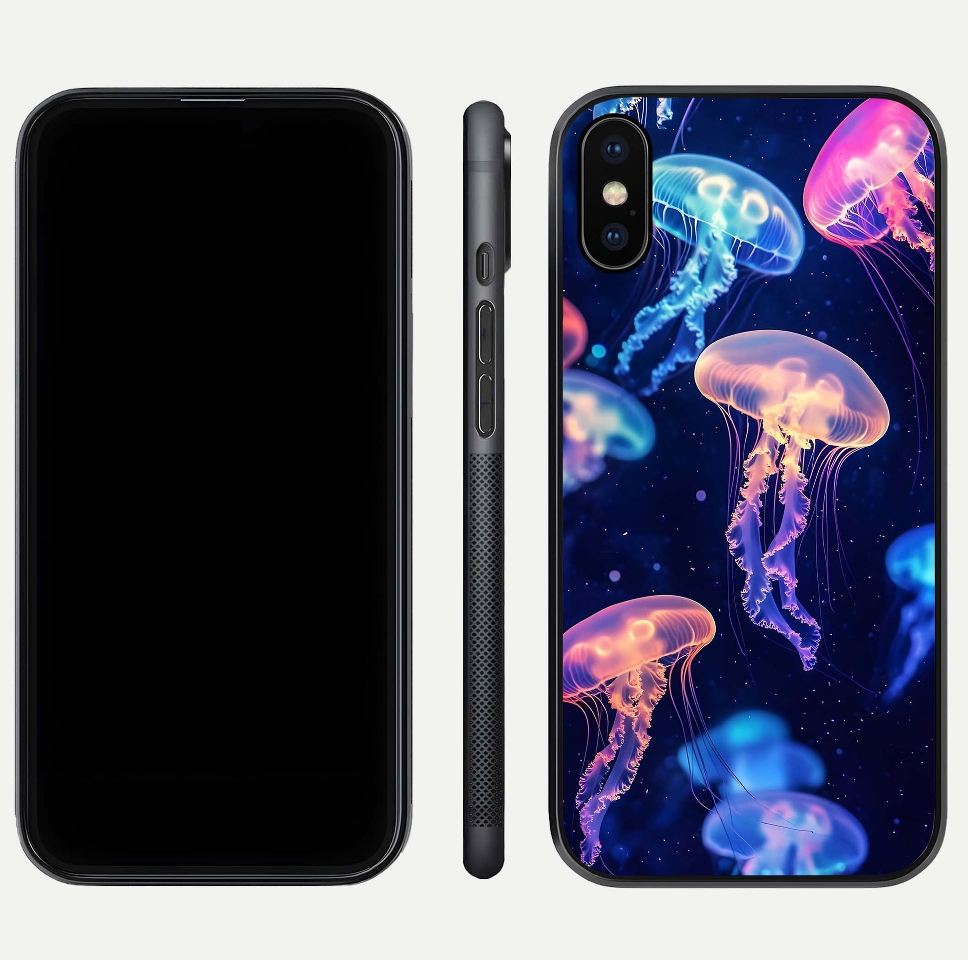 Jellyfish Pattern Glass Case for iPhone Xs Max front and back view layout highlighting aquatic tones and curved edges