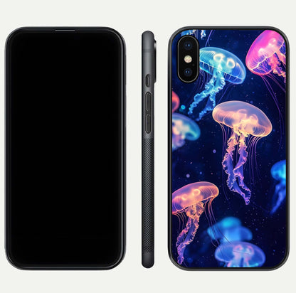 Jellyfish Pattern Glass Case for iPhone Xs Max front and back view layout highlighting aquatic tones and curved edges