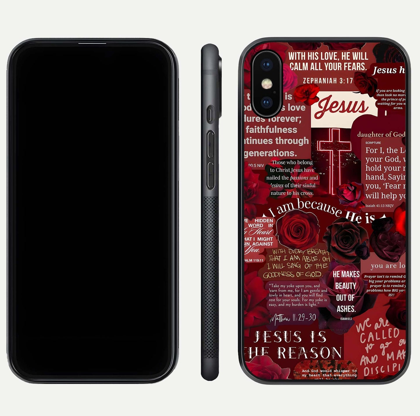 Jesus Love Heals Glass Case for iPhone Xs Max front and back view layout with elegant typography and smooth edges