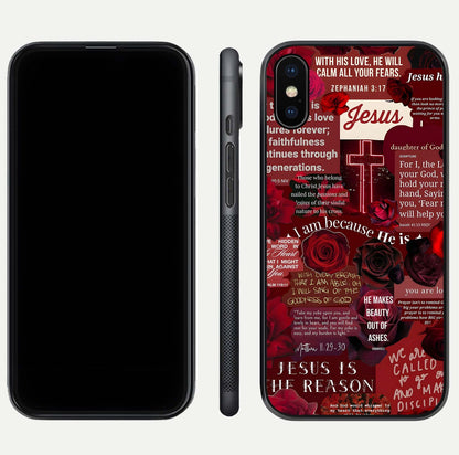 Jesus Love Heals Glass Case for iPhone Xs Max front and back view layout with elegant typography and smooth edges