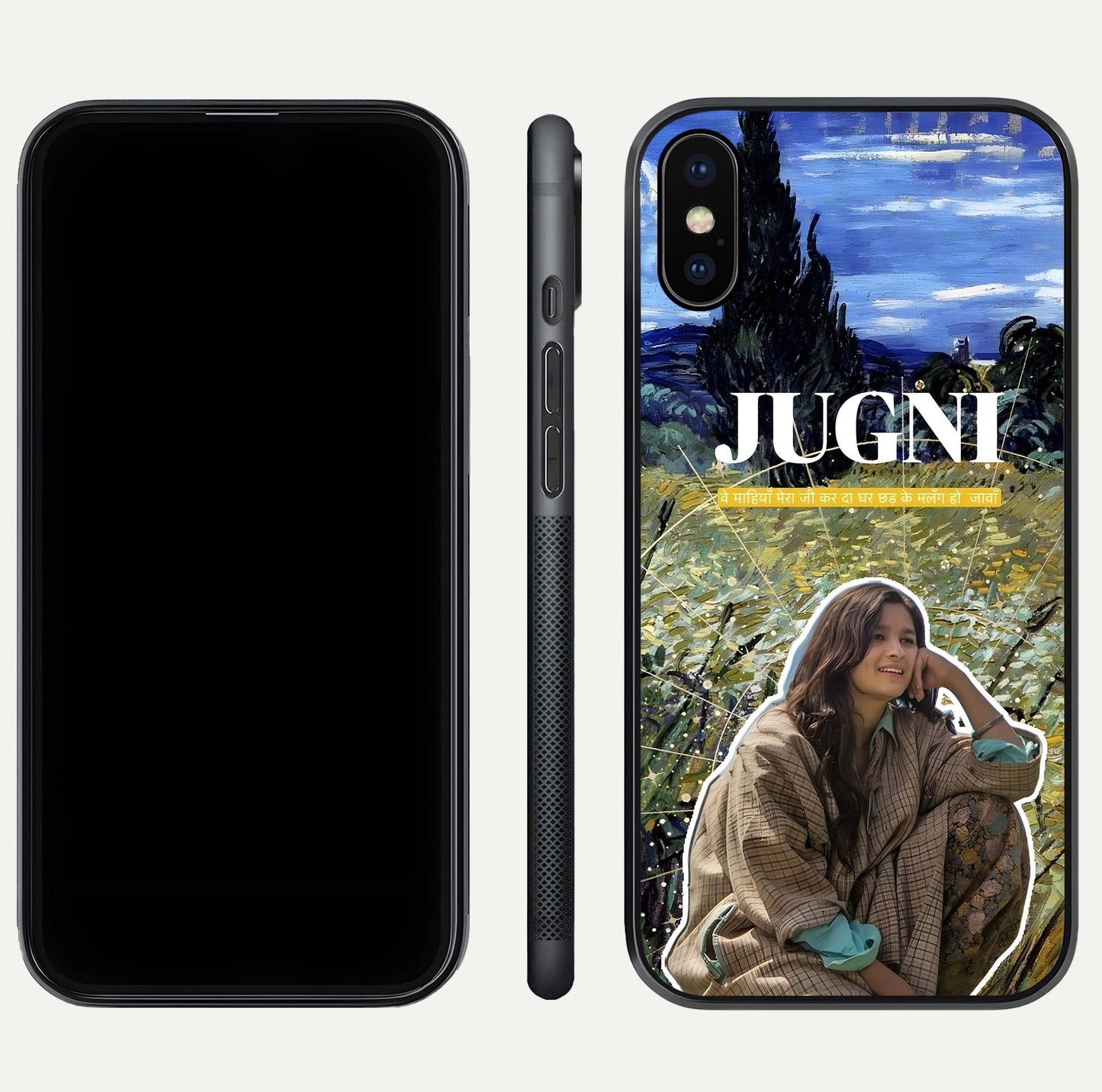 Jugni Soul Vibes Glass Case for iPhone Xs Max front and back view layout highlighting desi art and curved glass edges