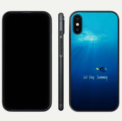 Just Keep Swimming Glass Case for iPhone Xs Max front and back view layout with smooth glass edges and HD text clarity