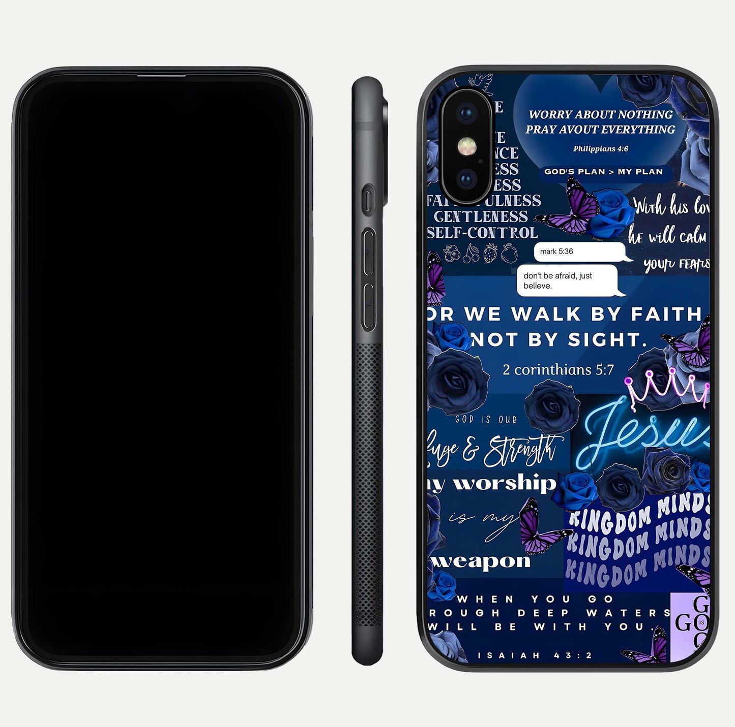 Kingdom Faith Glow Glass Case for iPhone Xs Max front and back view layout highlighting radiant spiritual design