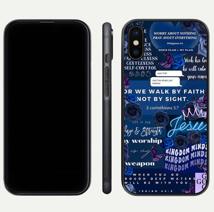 Kingdom Faith Glow Glass Case for iPhone Xs Max front and back view layout highlighting radiant spiritual design