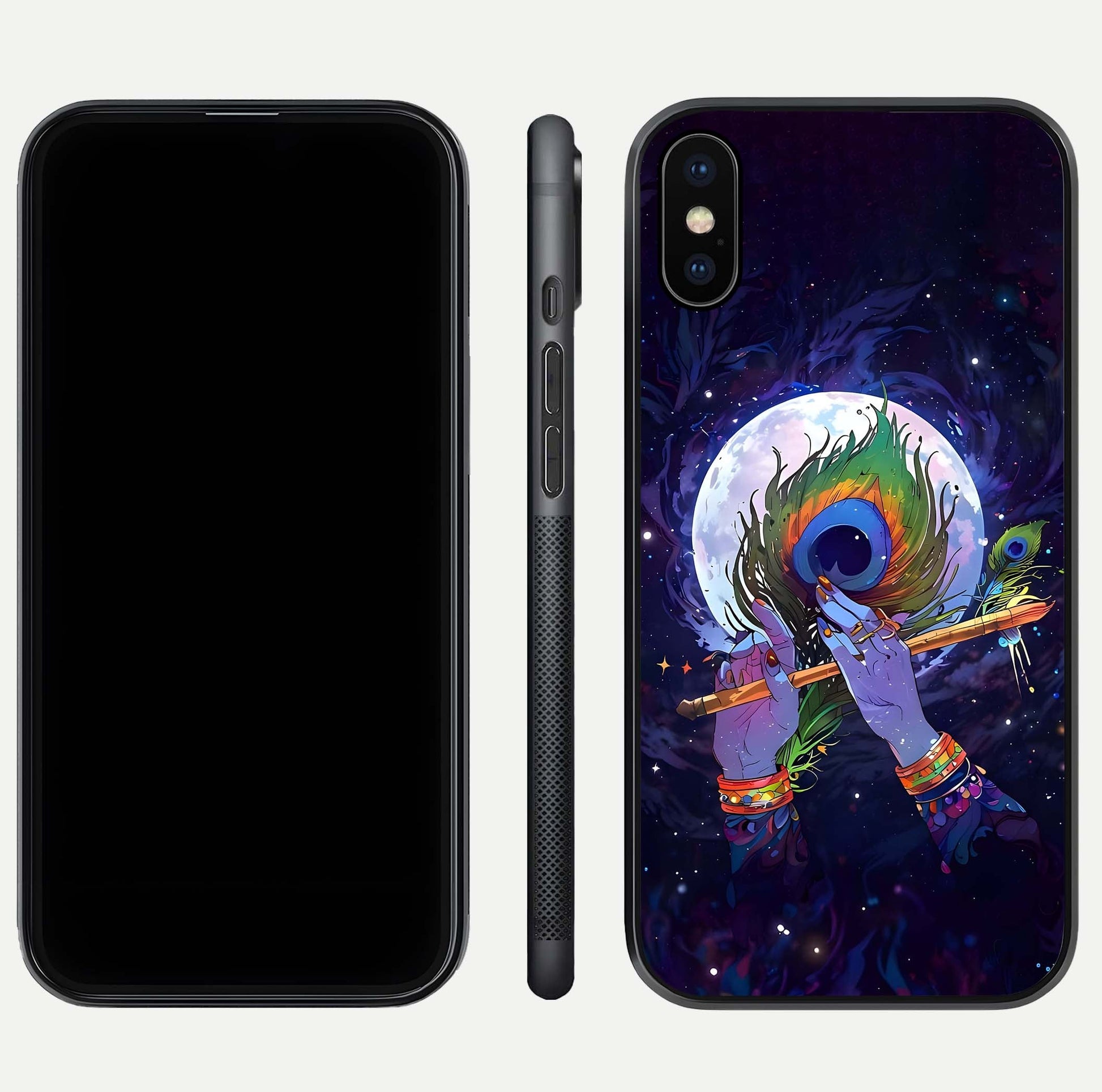 Krishna Hands Art Glass Case for iPhone Xs Max front and back view layout displaying soft edges and spiritual tones