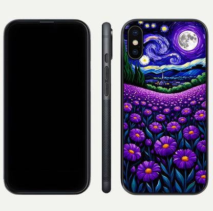 Lavender Moon Field Glass Case for iPhone Xs Max front and back view layout with soft gradient and curved edges
