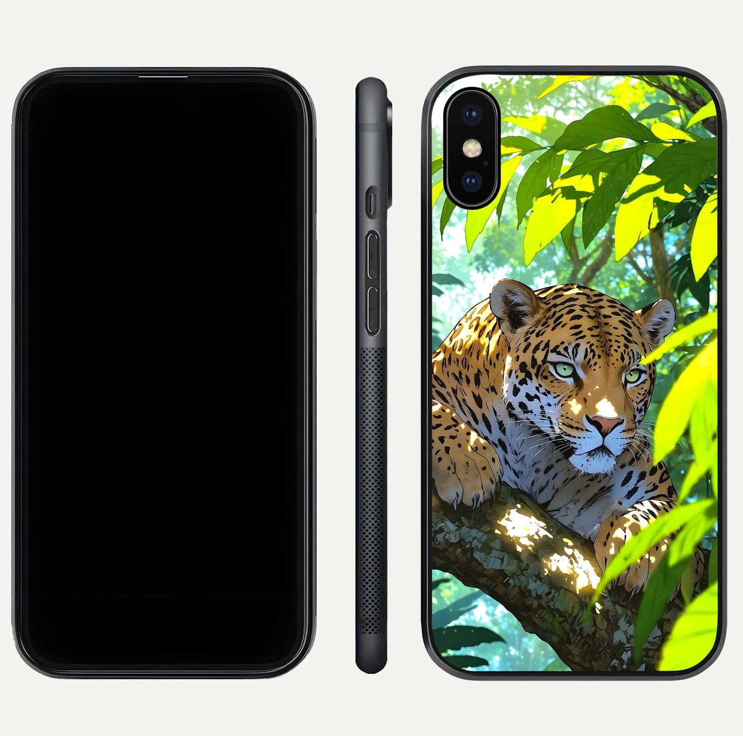 Leopard in Jungle Glass Case for iPhone Xs Max front & back layout with premium edge detailing and vivid jungle art