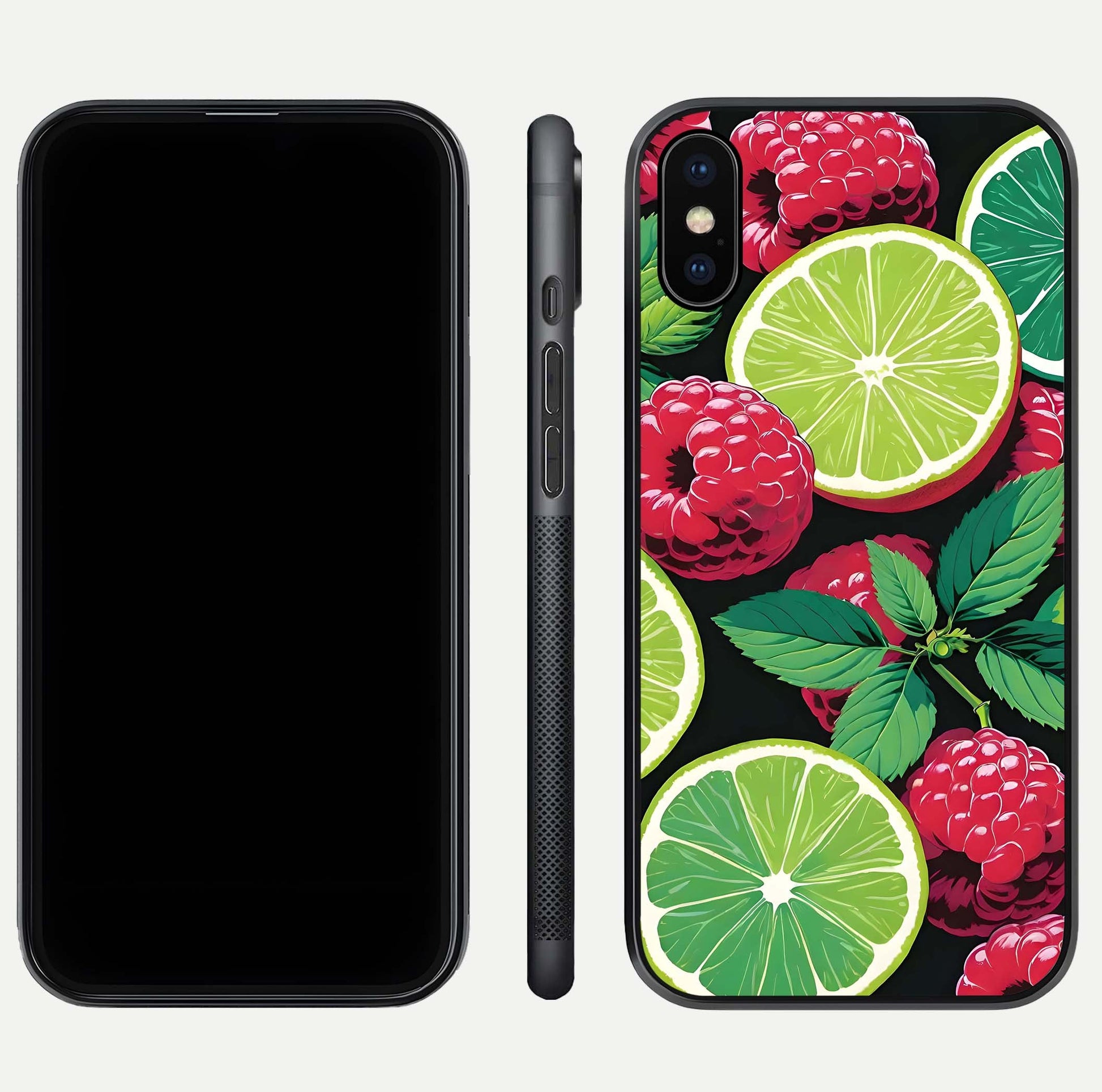 Lime and Raspberry Pattern Glass Case for iPhone Xs Max front & back layout highlighting fresh summer tones