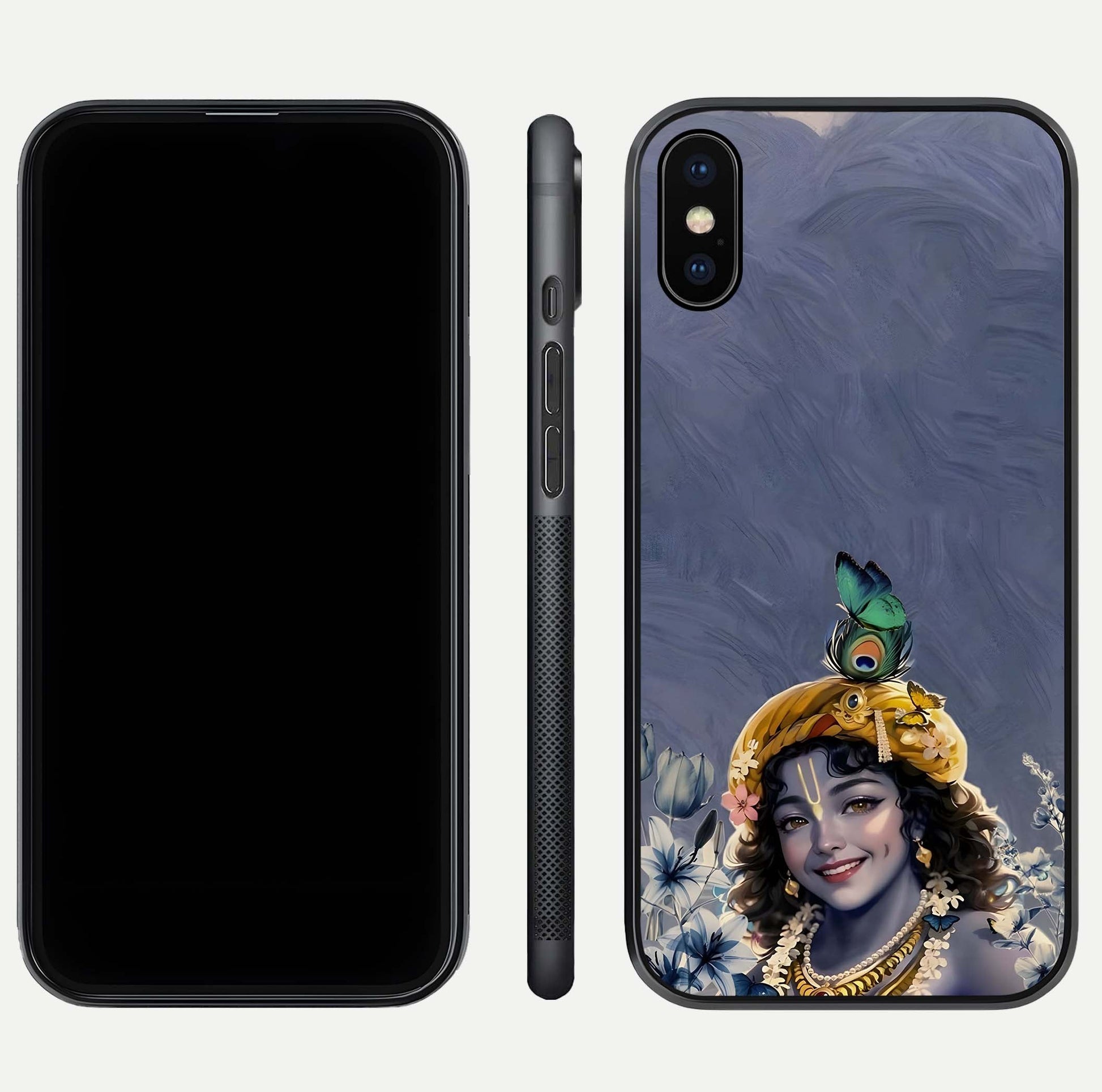 Lord Krishna Glass Case for iPhone Xs Max front & back layout displaying soft tones and elegant edges