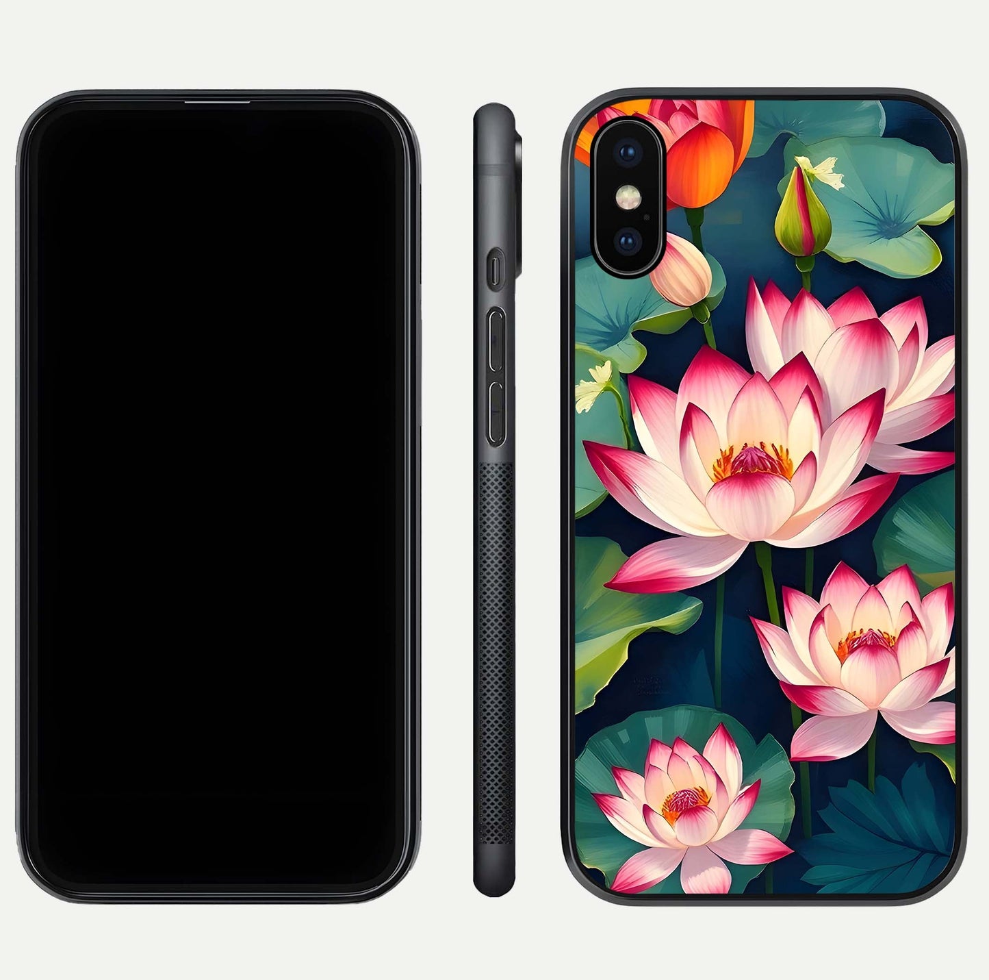 Lotus Dream Serenity Glass Case for iPhone Xs Max front & back layout with elegant finish and edge curve