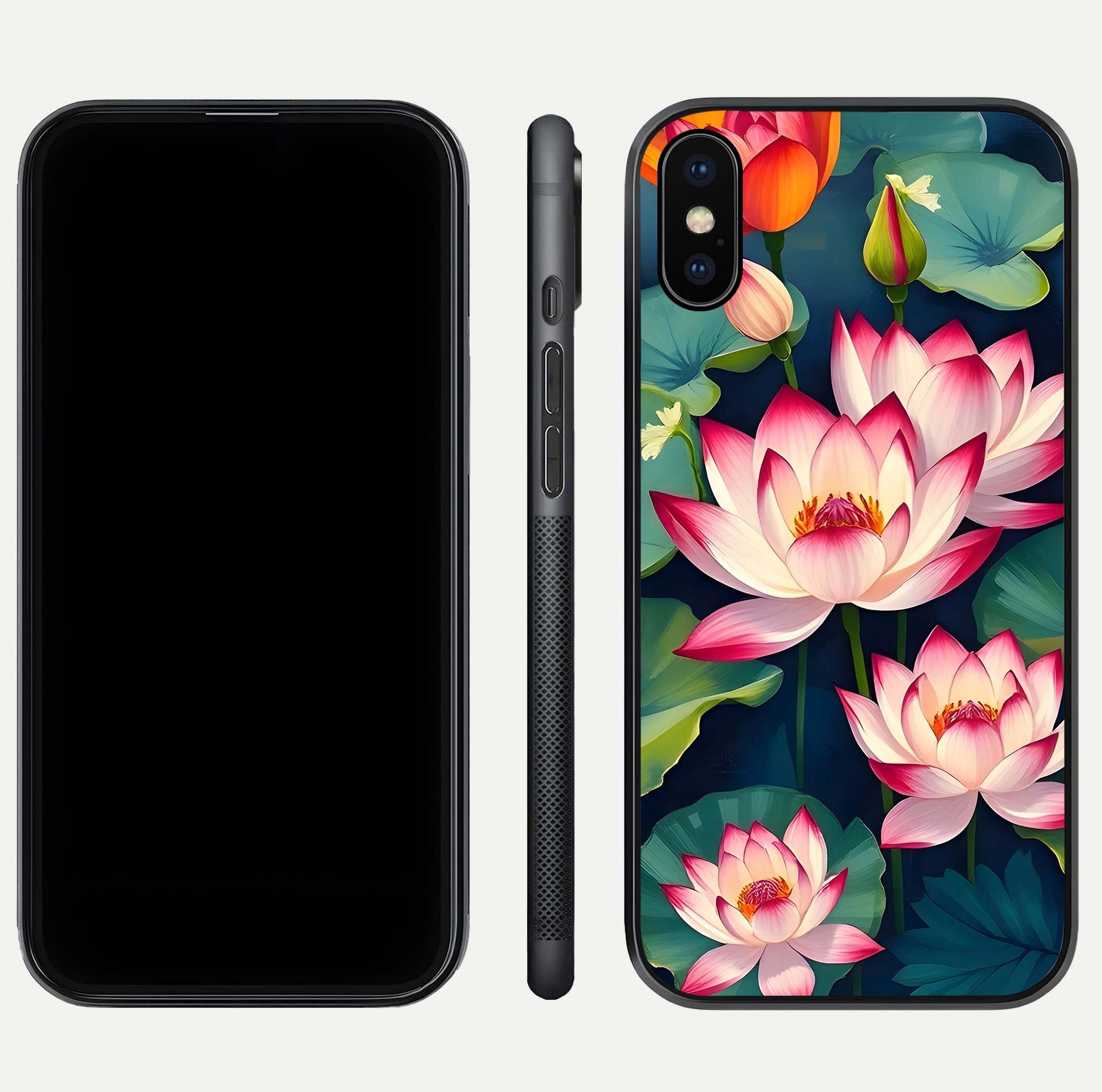 Lotus Dream Serenity Glass Case for iPhone Xs Max front & back layout with elegant finish and edge curve