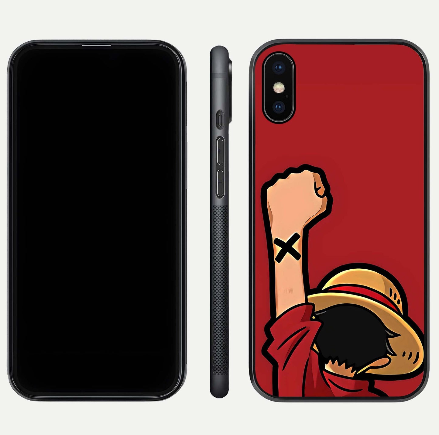 Luffy X Spirit Glass Case for iPhone Xs Max front & back layout displaying anime theme and curved edges