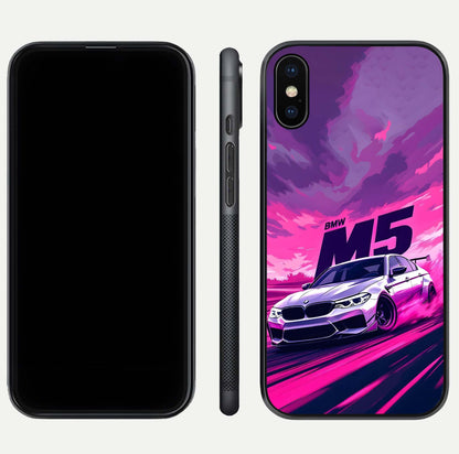 MS Neon Car Glass Case for iPhone Xs Max front & back layout highlighting automotive art and curved design