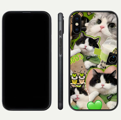 Matcha Cats Mood Glass Case for iPhone Xs Max front & back layout highlighting cute theme and smooth edges