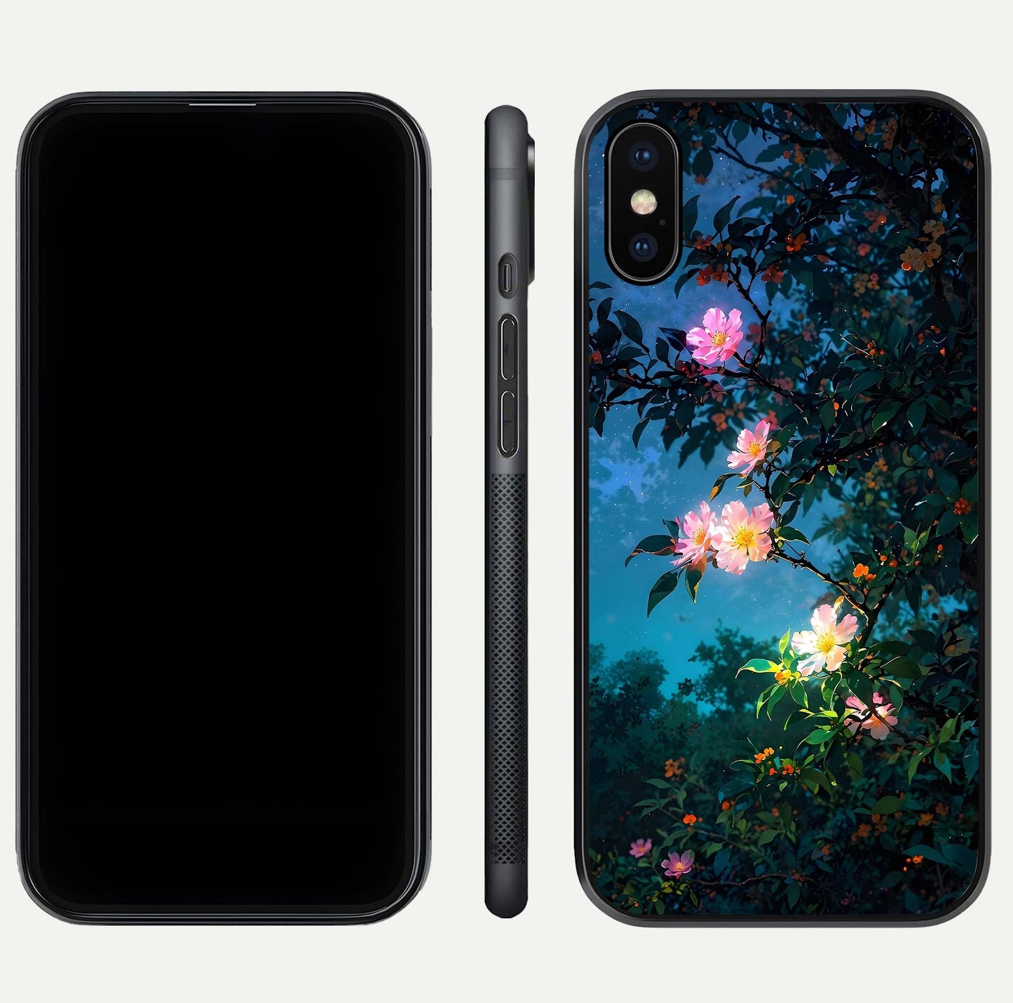 Midnight Bloom Glow Glass Case for iPhone Xs Max front & back layout highlighting moody tones and smooth finish