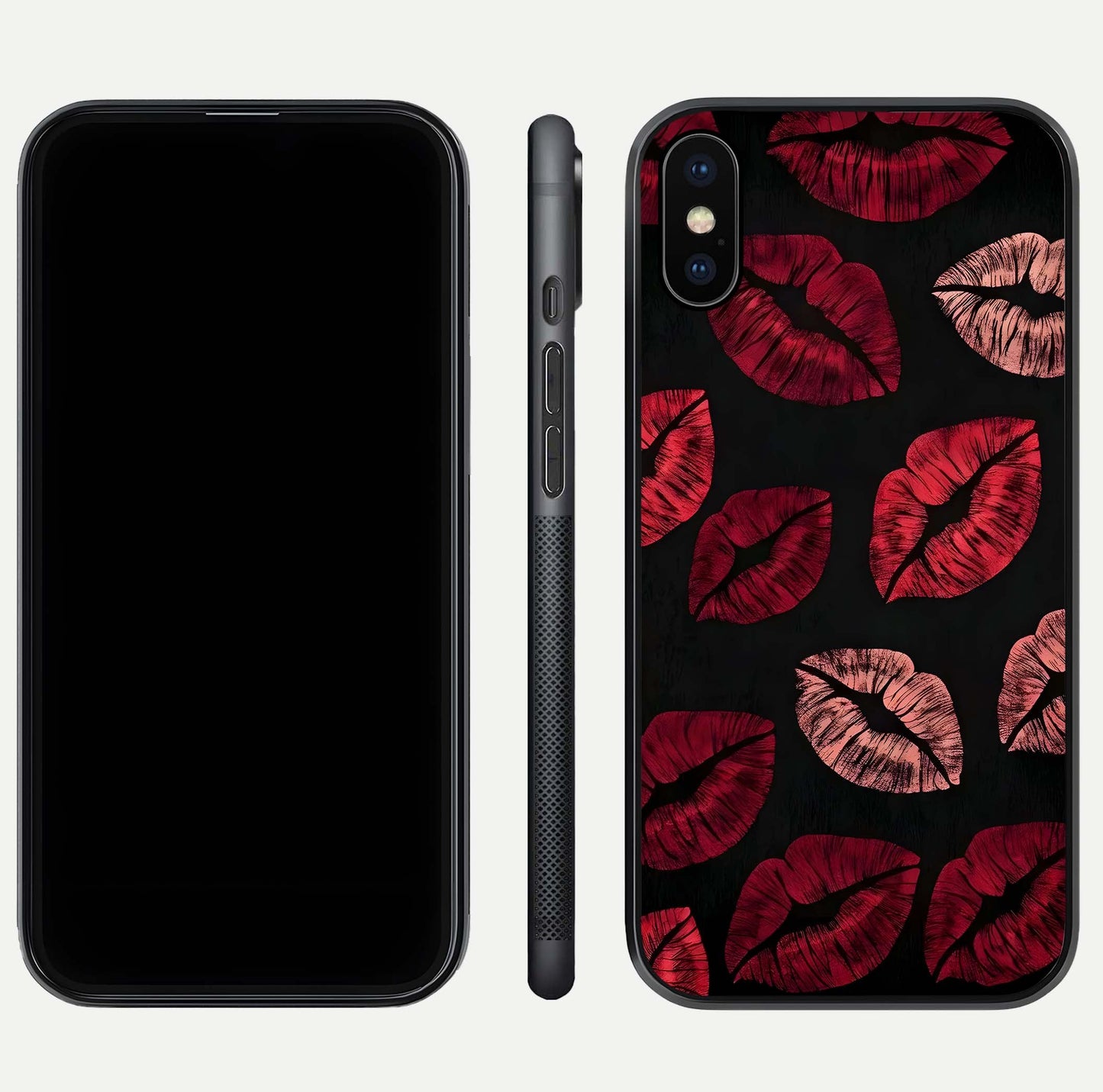 Midnight Kiss Love Glass Case for iPhone Xs Max front & back view layout showing romantic theme and smooth curves