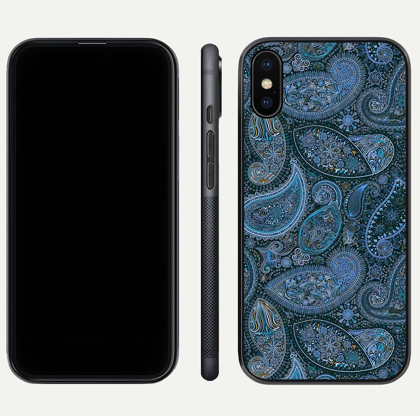 Midnight Paisley Glow Glass Case for iPhone Xs Max front & back layout highlighting elegant edge finish
