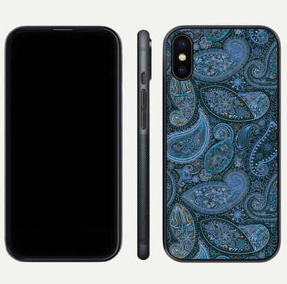 Midnight Paisley Glow Glass Case for iPhone Xs Max front & back layout highlighting elegant edge finish
