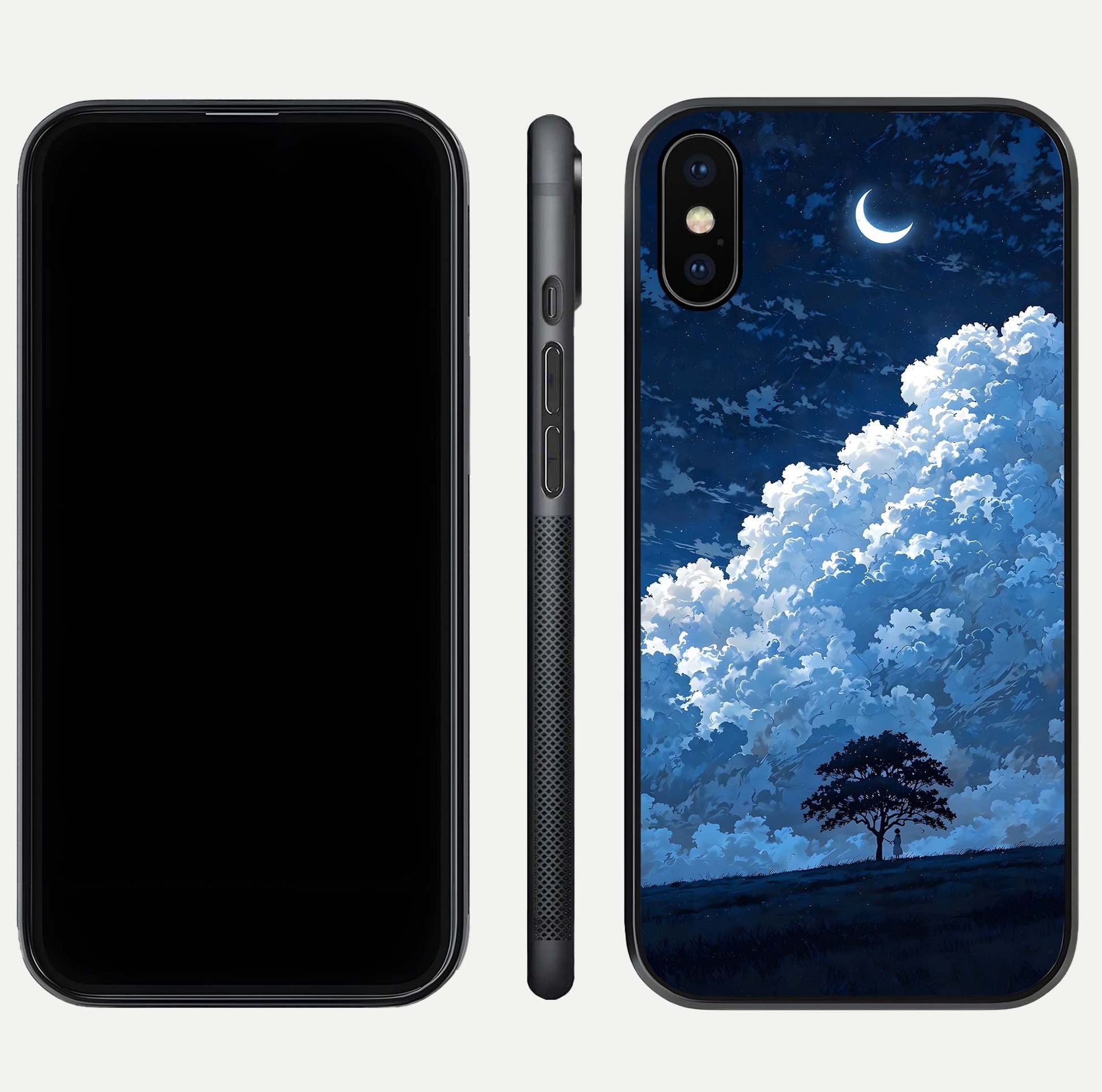 Midnight Sky Serenity Glass Case for iPhone Xs Max front & back layout highlighting celestial art and curves
