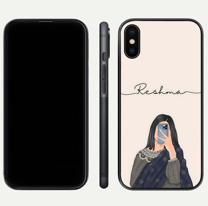 Mirror Mood Muse Custom Name Glass Case for iPhone Xs Max front & back layout showing personalized name placement