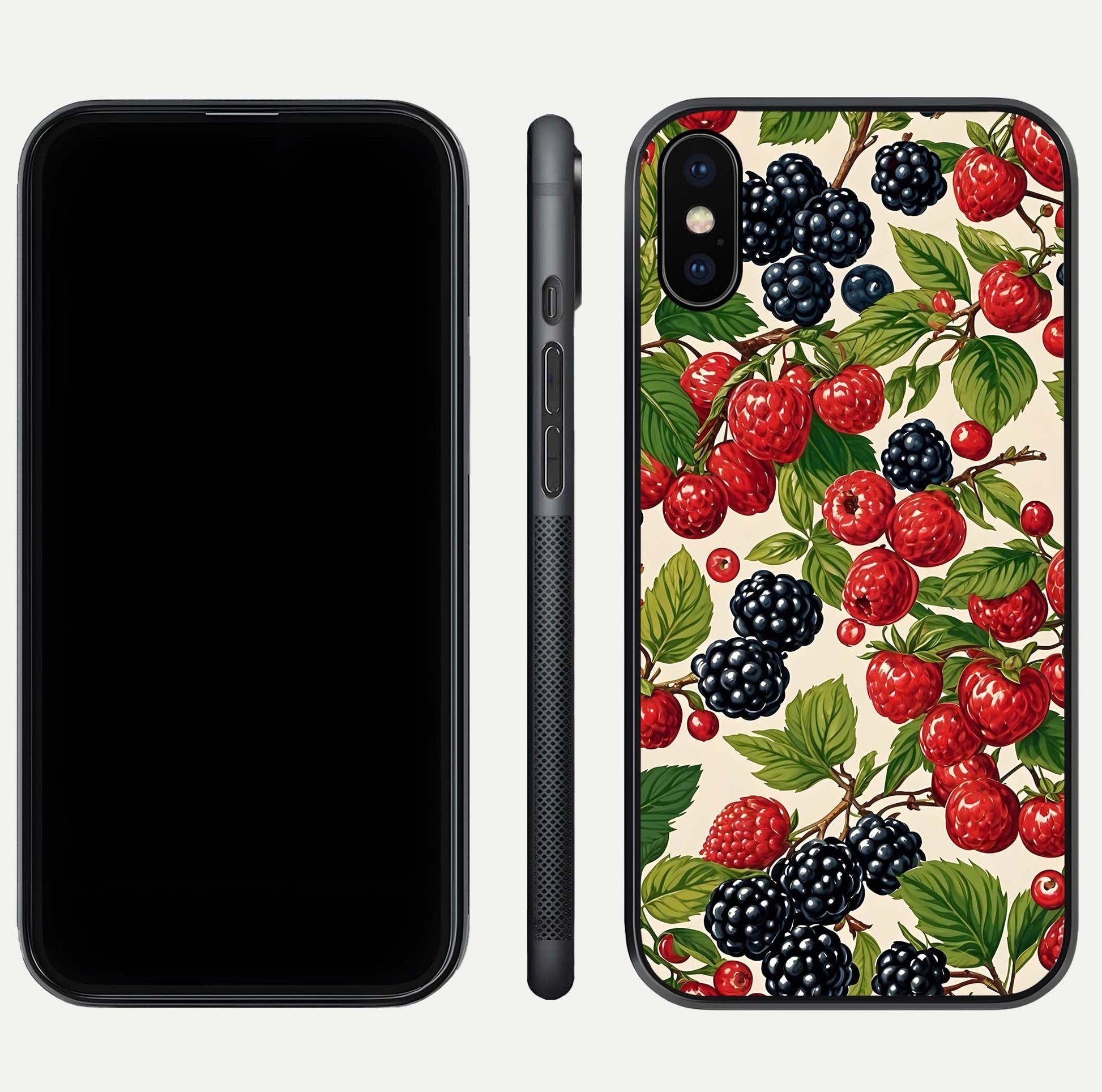 Mixed Berry Collage Glass Case for iPhone Xs Max front & back layout highlighting colorful art and curved edges