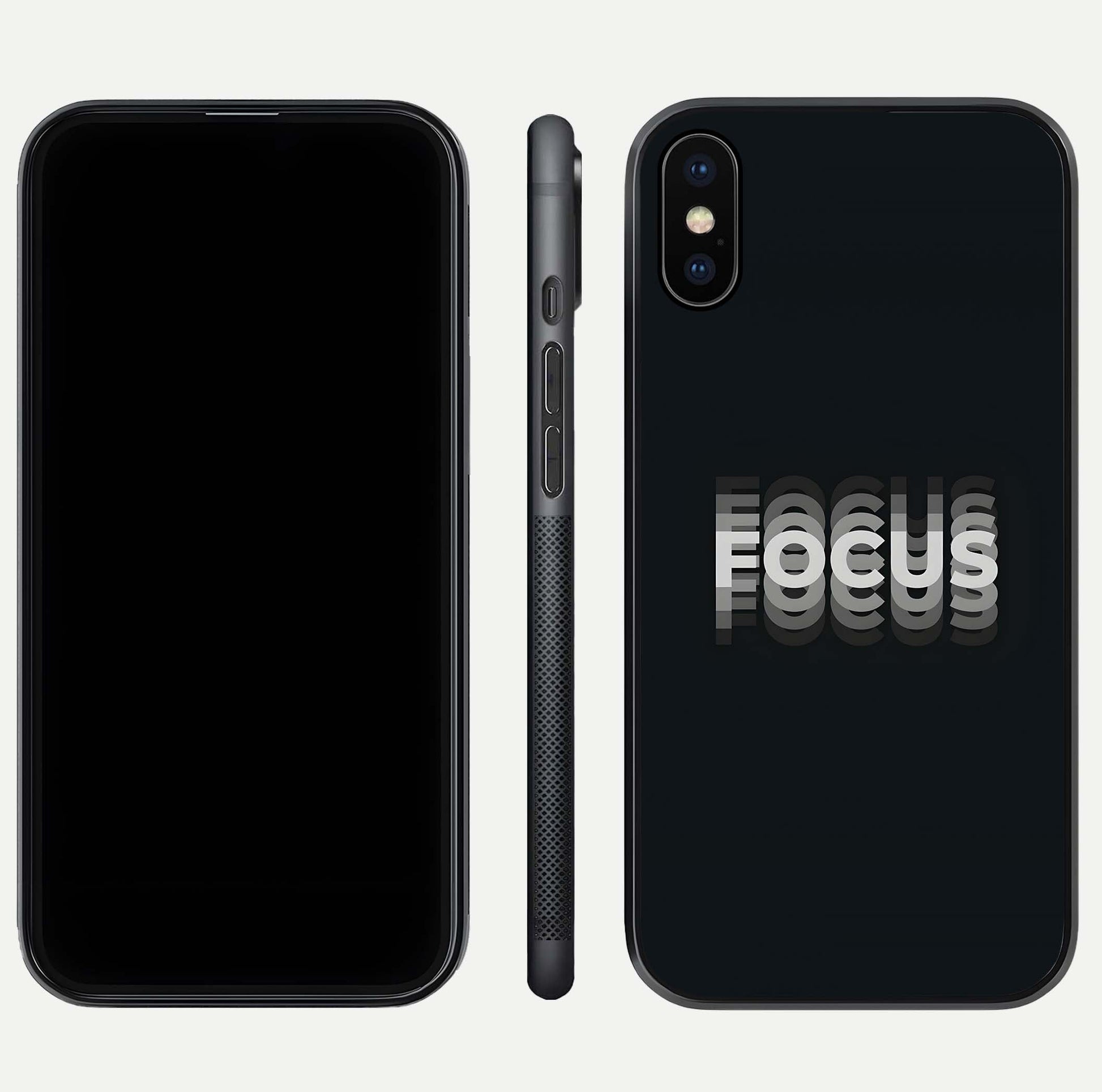Mono Focus Vision Glass Case for iPhone Xs Max front & back layout showing clean focus lines and curved edges