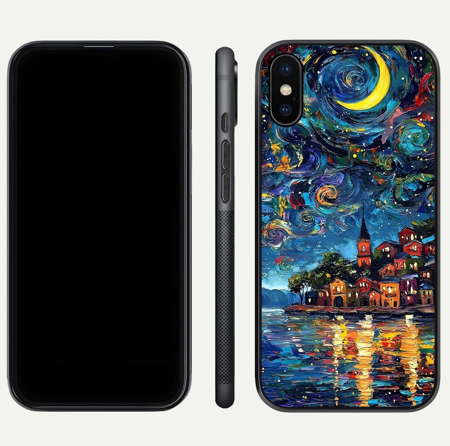 Moonlight Harbor Glow Glass Case for iPhone Xs Max front & back layout highlighting calm harbor tones