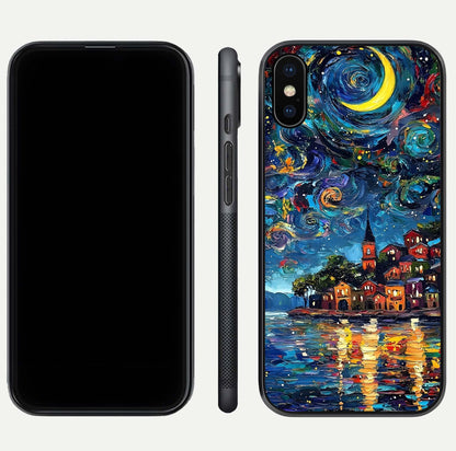 Moonlight Harbor Glow Glass Case for iPhone Xs Max front & back layout highlighting calm harbor tones