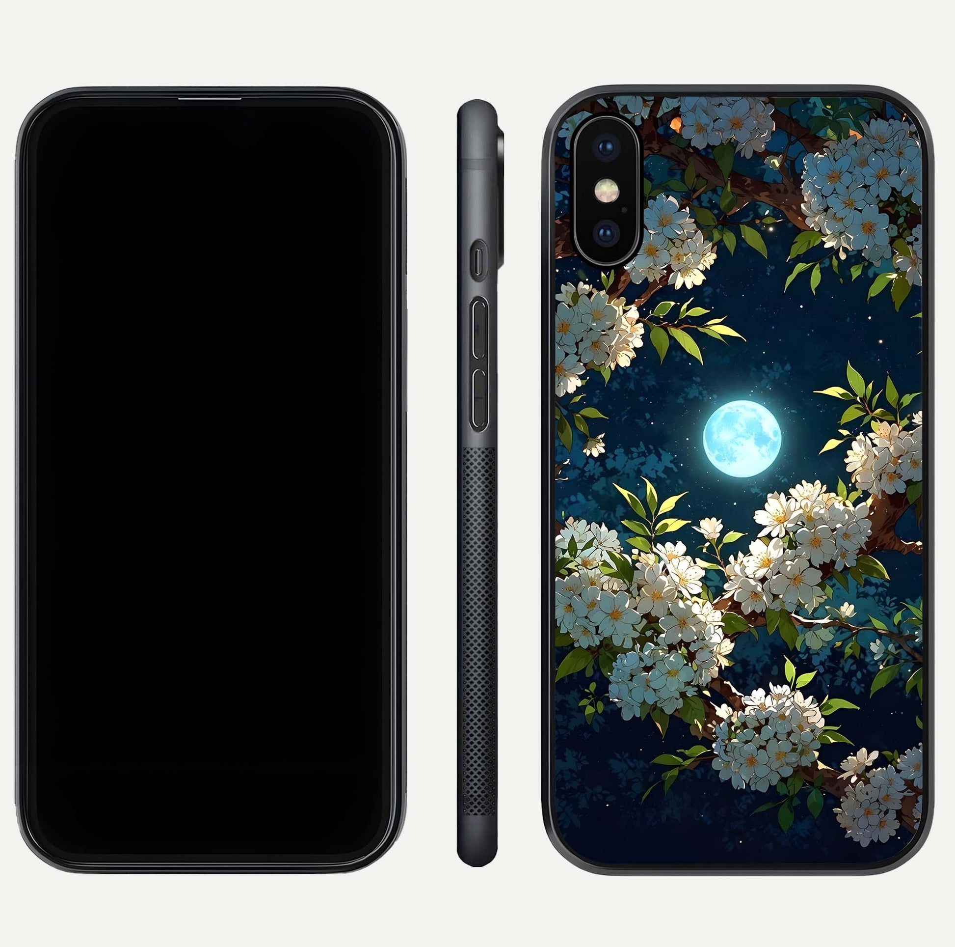 Moonlit Blossom Dream Glass Case for iPhone Xs Max front & back layout highlighting moonlit tones and edges