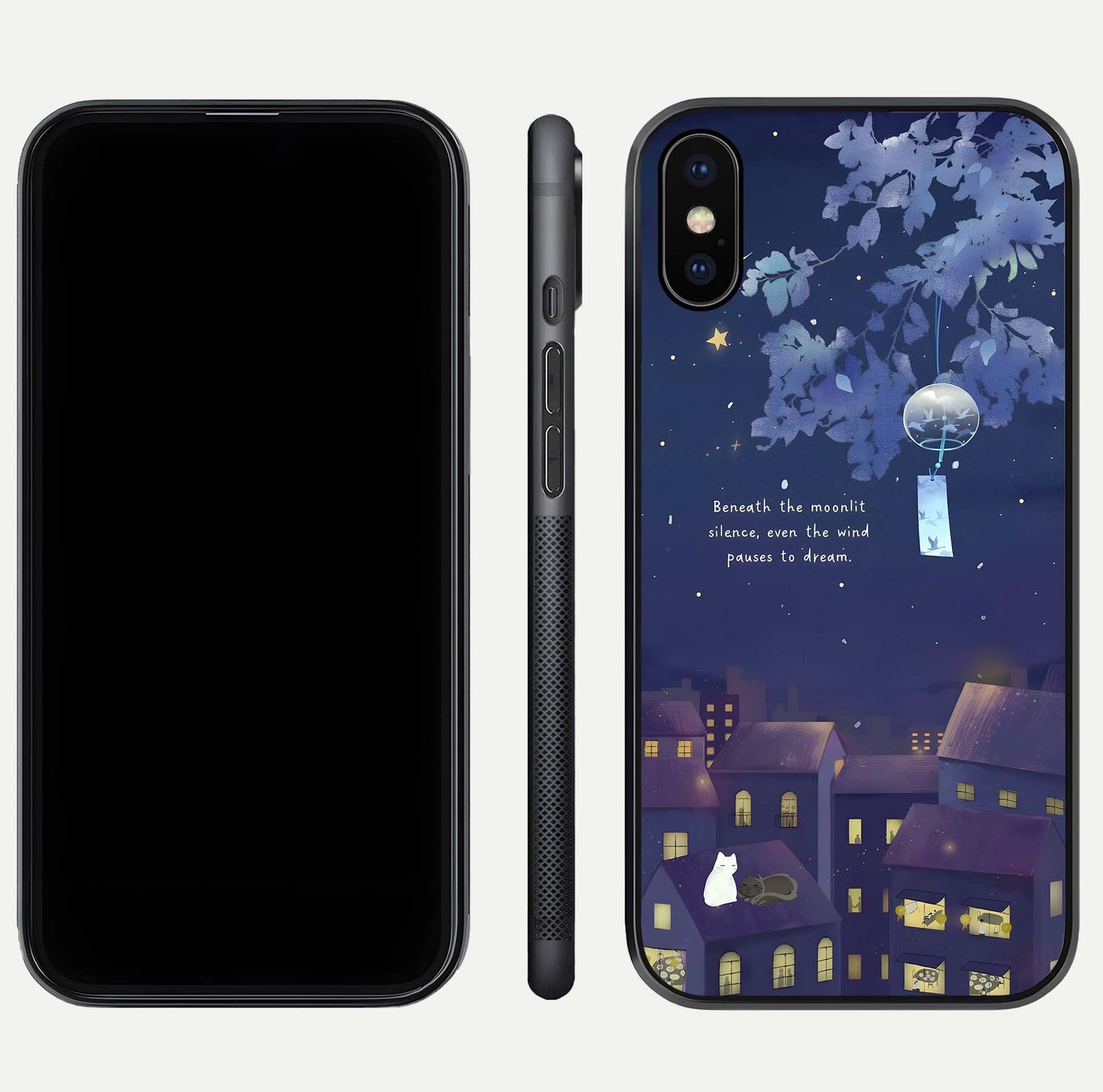 Moonlit Cat Silence Glass Case for iPhone Xs Max front & back layout highlighting calm tones and edge detail