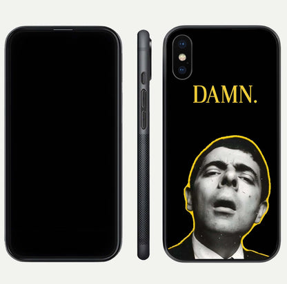 Mr Bean Damn Glass Case for iPhone Xs Max front & back layout displaying fun artwork and curved smooth edges