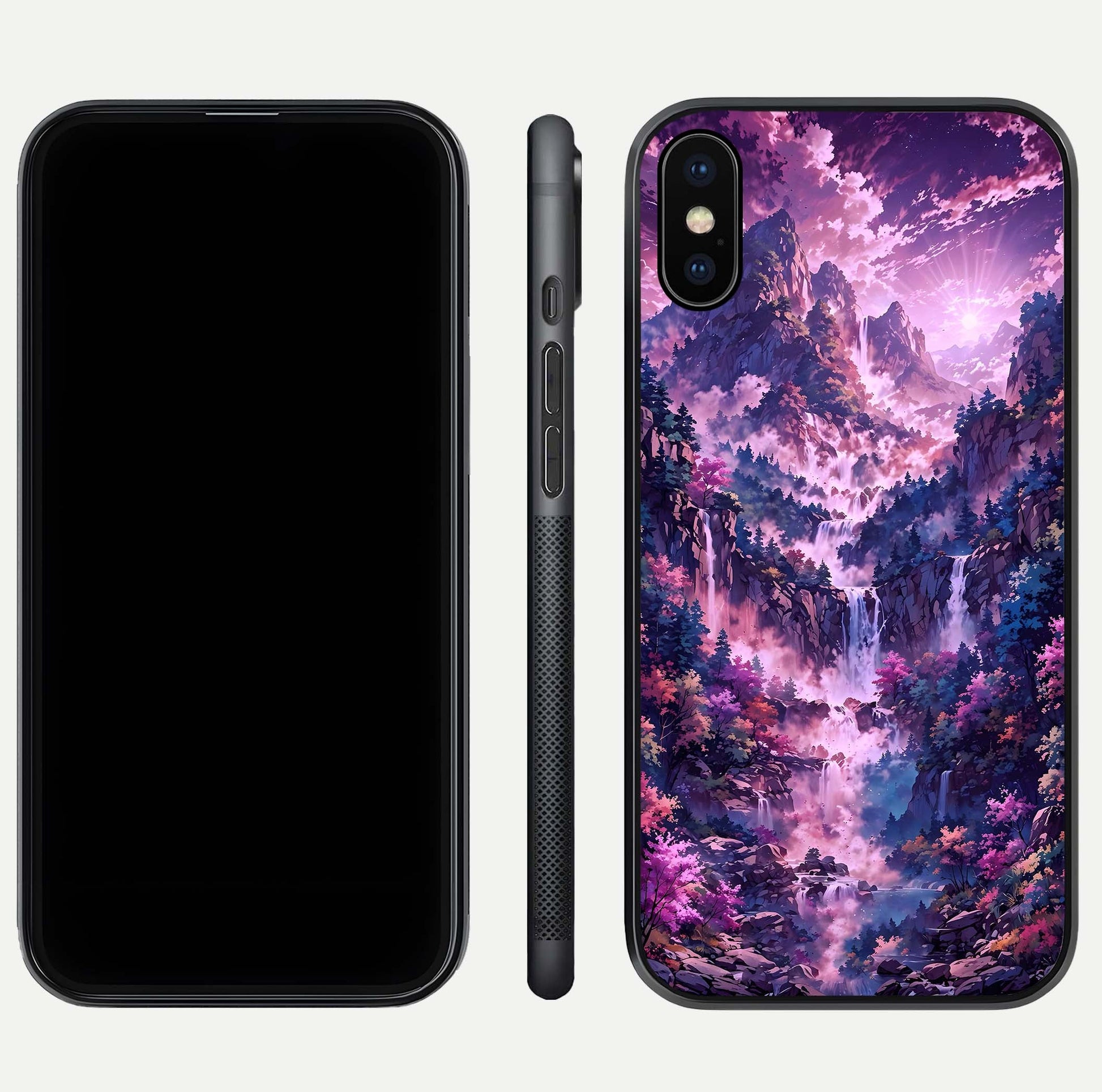 Mystic Cascade Peaks Glass Case for iPhone Xs Max front & back layout highlighting HD landscape tones
