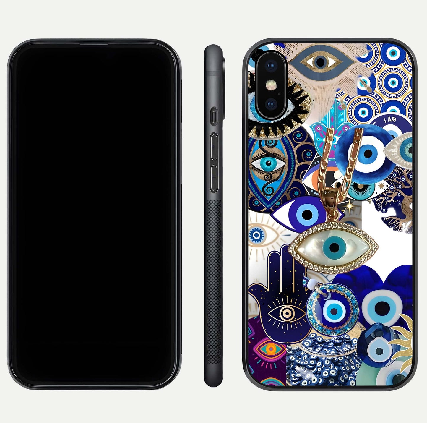 Mystic Charm Eye Glass Case for iPhone Xs Max front & back layout highlighting spiritual design and edges