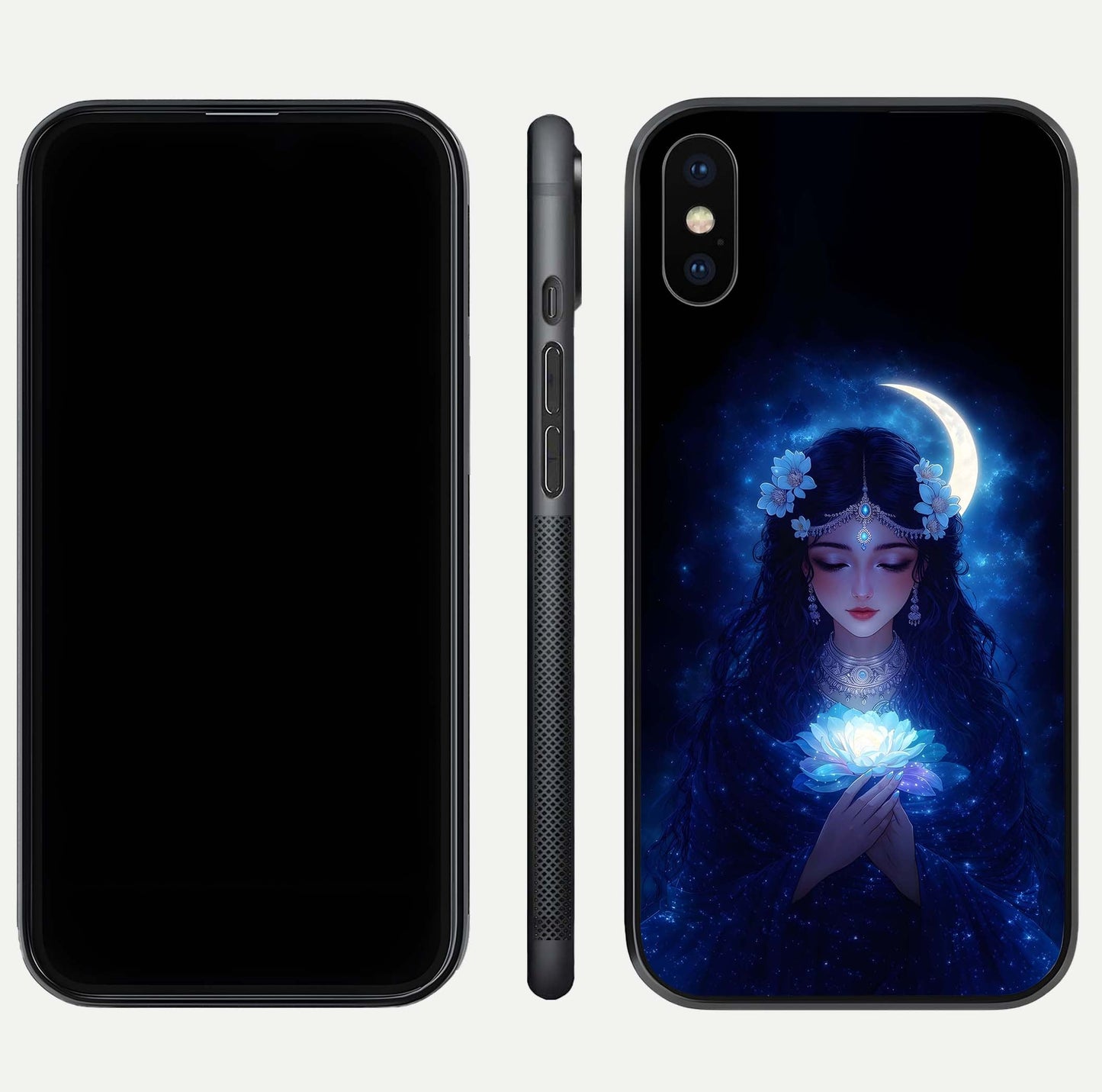 Mystic Moon Queen Glass Case for iPhone Xs Max front & back layout highlighting divine illustration and edges