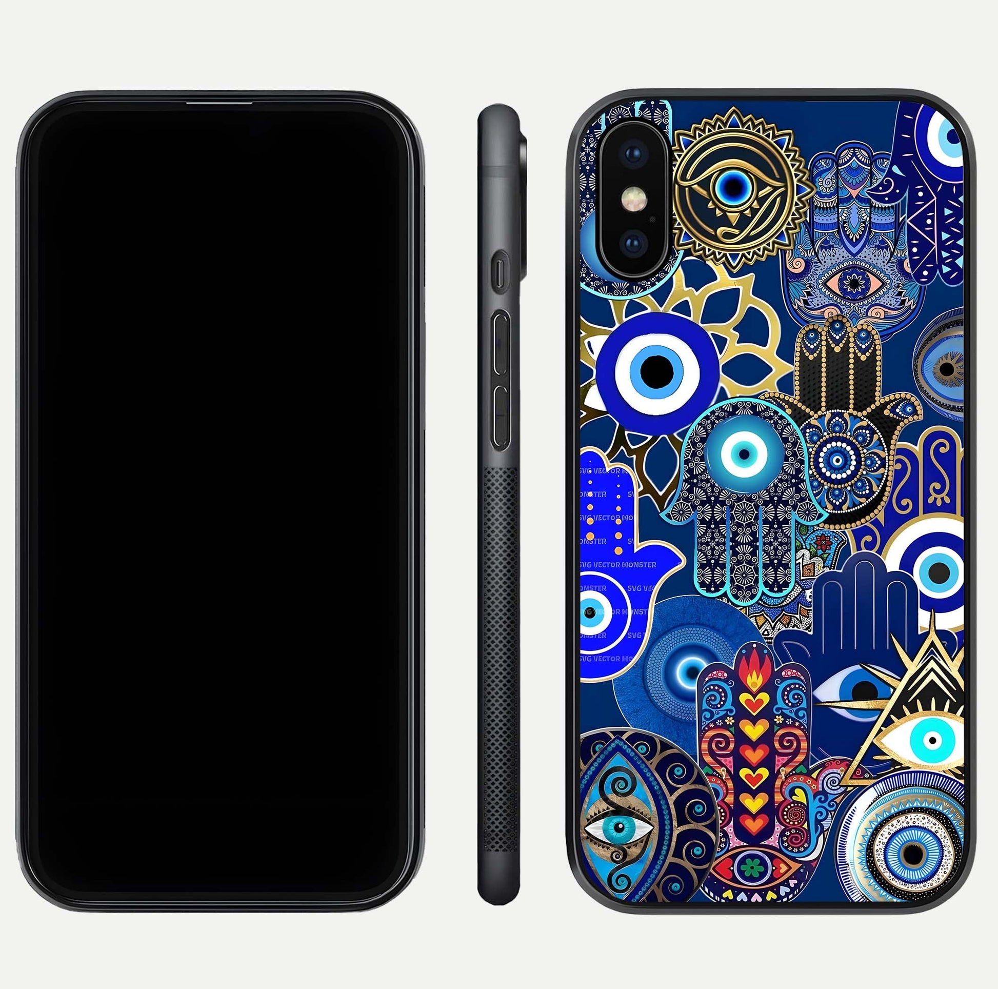 Mystic Palm Guard Glass Case for iPhone Xs Max front & back layout highlighting spiritual art and edge finish