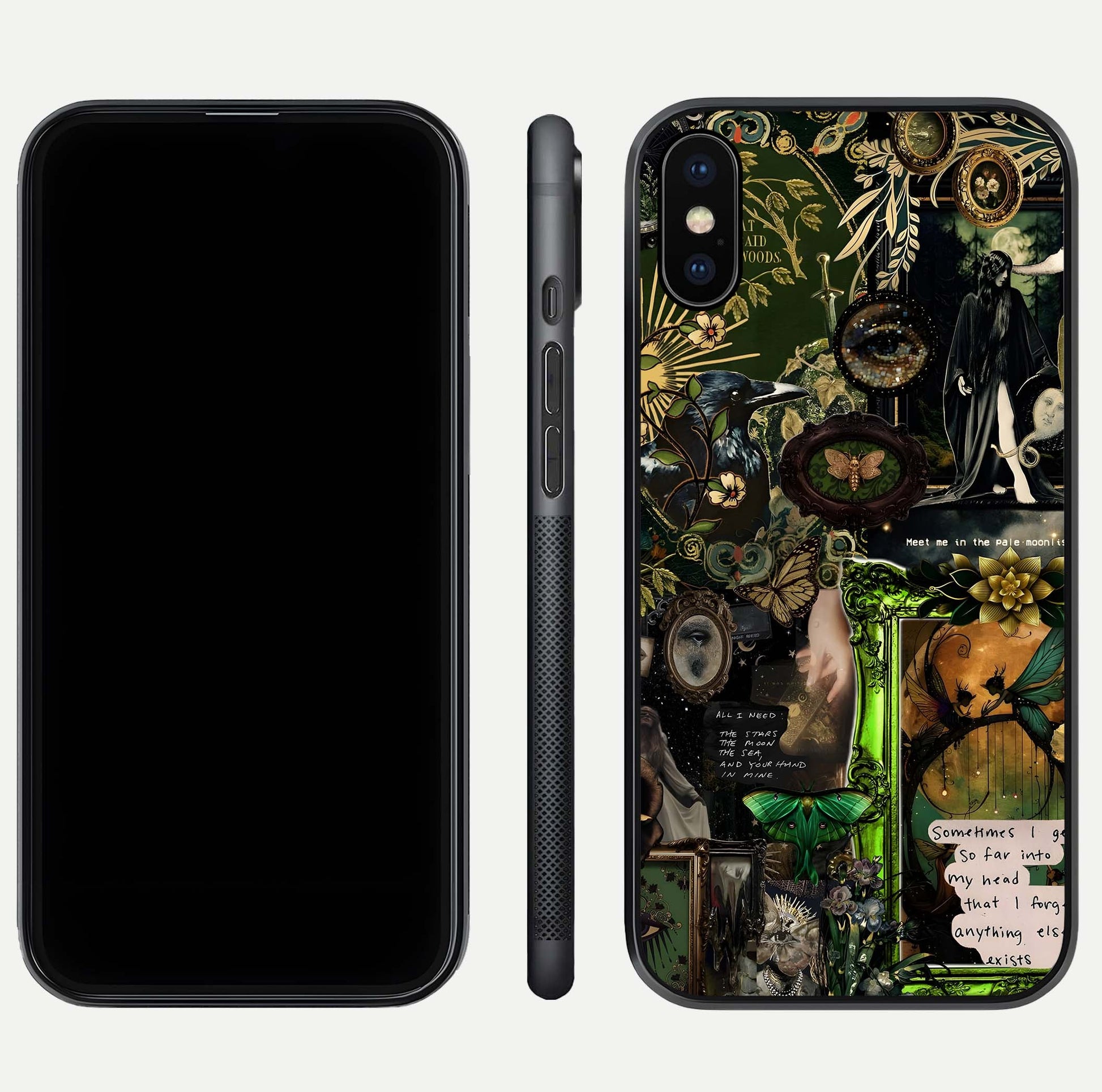 Mystic Woods Secret Glass Case for iPhone Xs Max front & back layout showing nature theme and smooth edges