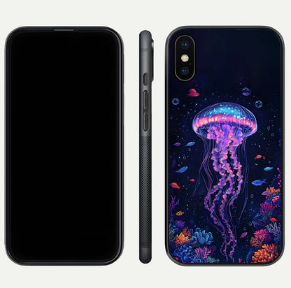 Neon Jellyfish Glass Case for iPhone Xs Max front & back layout highlighting HD marine art and curved edges