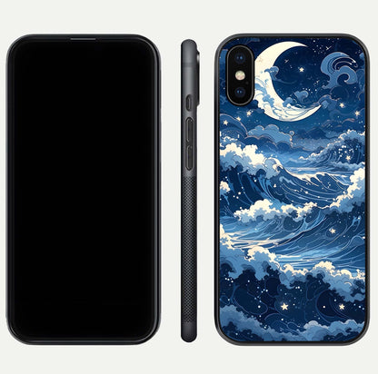 Ocean Moon Waves Glass Case for iPhone Xs Max front & back layout highlighting water flow and smooth edges