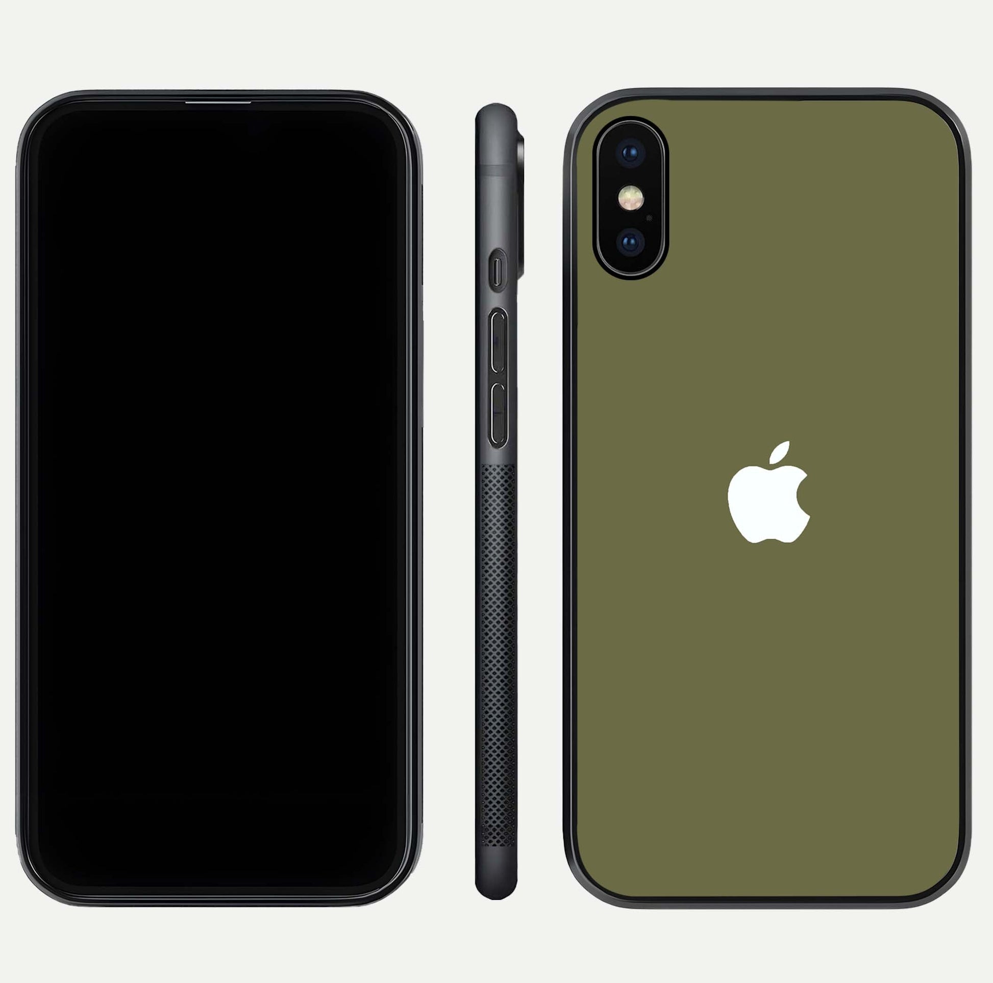 Olive Matte Essence Glass Case for iPhone Xs Max front & back layout highlighting simple design and clean edges