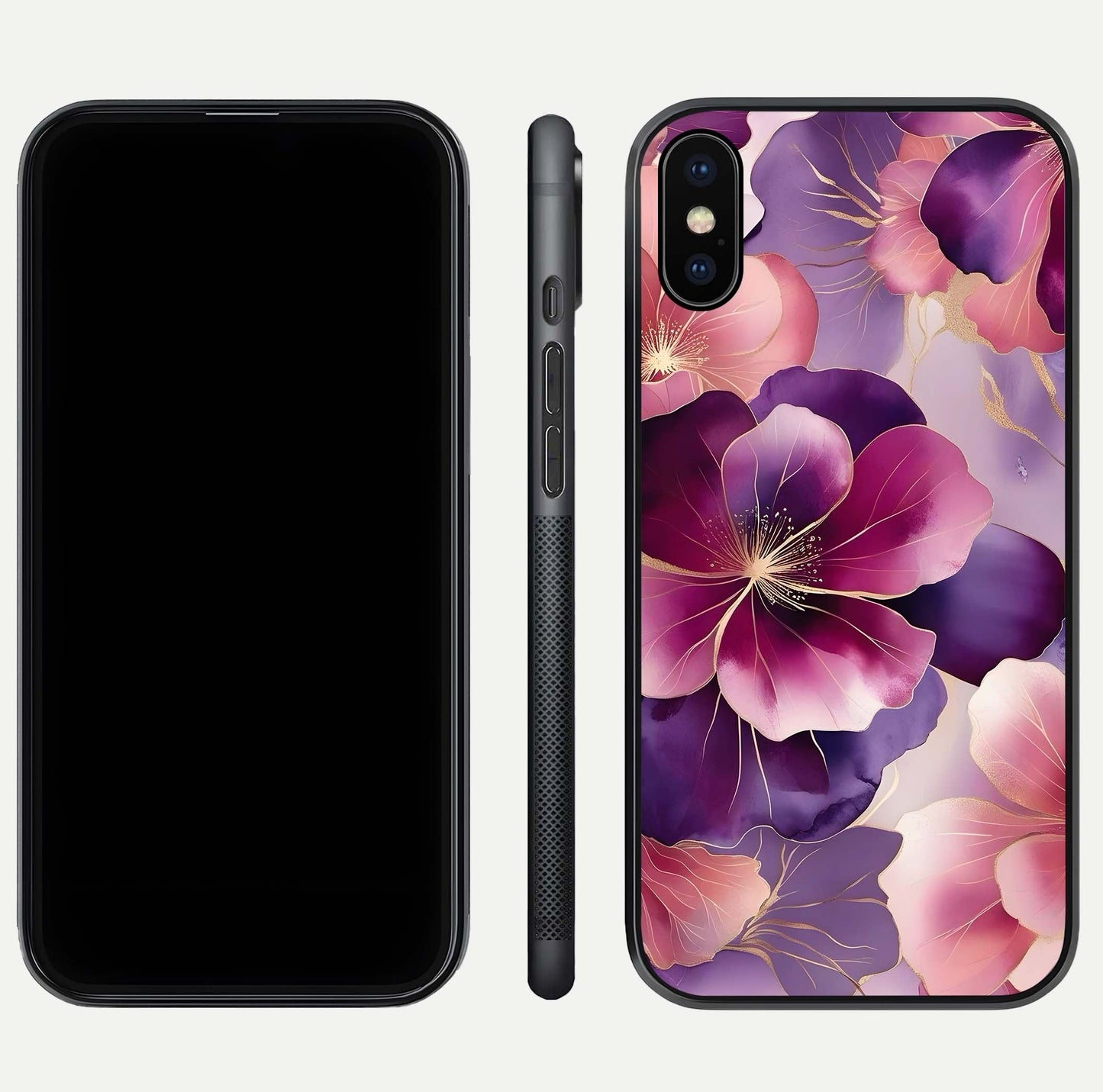 Pink Bouquet Florals Glass Case for iPhone Xs Max front & back layout highlighting vivid petals and smooth edges